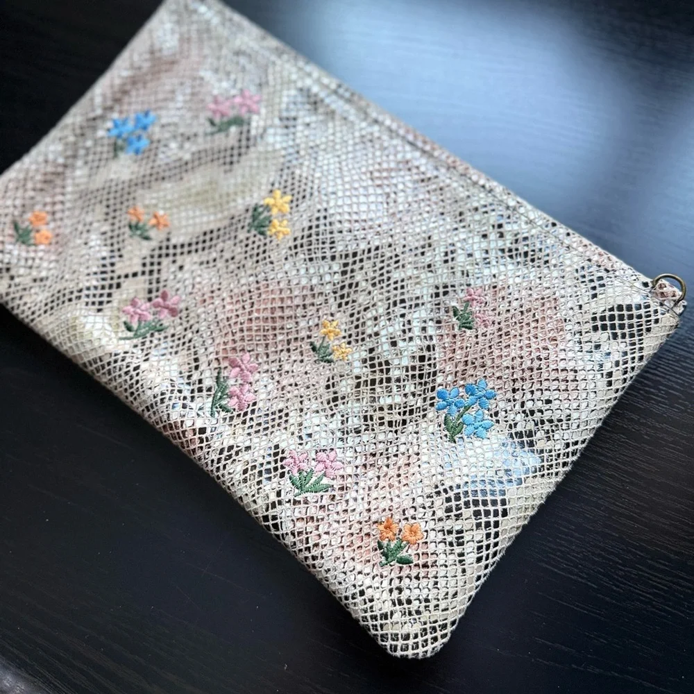 Anthropologie Floral Embroidered Envelope Clutch Snakeskin Print Bag